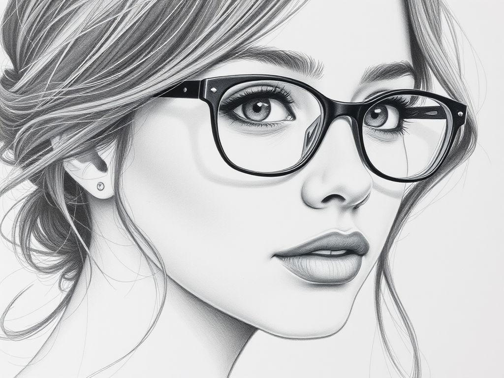 A detailed pencil drawing of a young woman with glasses and wavy hair, showcasing her captivating expression and delicate features.