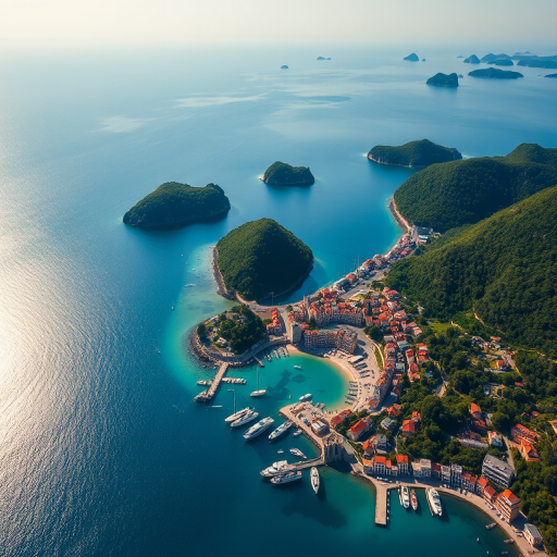 aerial view of a picturesque coastal town with clear blue waters and lush green islands, bright sunny day, ISO 100, f/8 aperture, 1/200 sec shutter speed, DSLR camera, wide-angle lens, vibrant colors