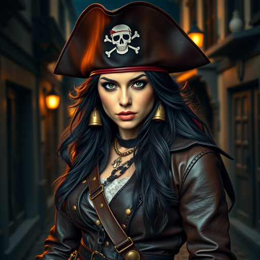 Create a portrait of a fierce female pirate. She wears a leather tricorn hat adorned with a skull and crossbones emblem, and her long, dark hair flows around her face. Her outfit consists of a richly detailed leather jacket, a corset, and multiple layers of belts and accessories, giving her a formidable and stylish appearance. She stands confidently in a dimly lit, historic port town, with a backdrop of weathered buildings and cobblestone streets, capturing the adventurous spirit of a pirate.
