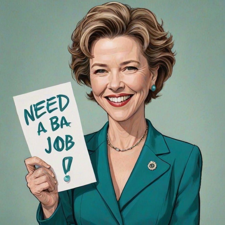 caricature of a smiling Annette Bening in a Teal dress or suit, holding up a sign that says "NEED A JOB", no watermark,