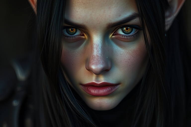 portrait of an elf woman with long black hair and striking amber eyes, wearing dark fantasy armor, dramatic lighting to enhance facial features, camera settings: f/1.8 aperture, ISO 100, shutter speed 1/125, camera view: close-up, camera style: moody and cinematic, camera type: DSLR