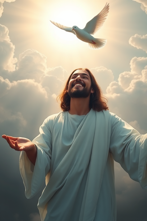 Create a highly detailed digital painting of a radiant figure representing Jesus, smiling warmly with outstretched hands towards a dove in a bright heavenly light, surrounded by dramatic clouds, captured with a Canon EOS 5D Mark IV at f/2.8, ISO 100, 50mm lens, in a soft focus style for an ethereal effect.
