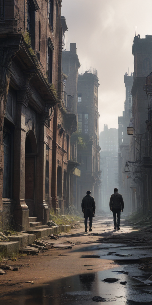 abandoned city with two characters facing towards it