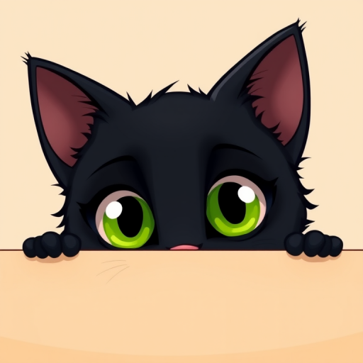Create a cartoonish black cat with large green eyes peeking over a beige surface, shot with a DSLR camera at f/2.8, 50mm lens, ISO 100, soft lighting, minimalistic background.