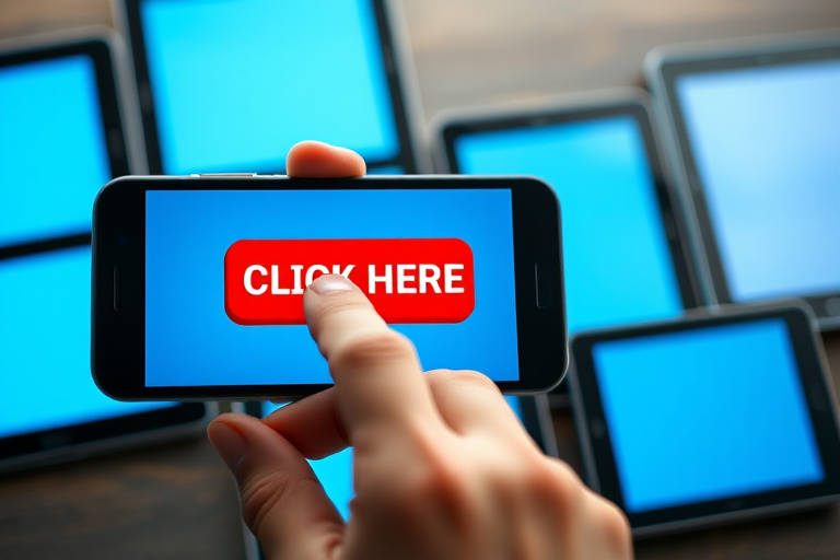 Create an image of a hand touching a large red button labeled "CLICK HERE" on a smartphone, with multiple tablets displaying a blue background in the scene, using a DSLR camera with a 50mm lens, aperture set to f/2.8, ISO 100, and a shallow depth of field for enhanced clarity.