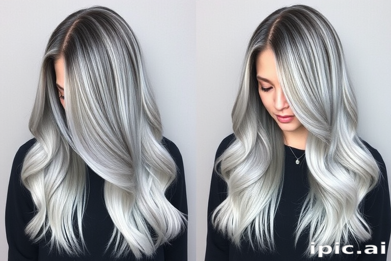 Dramatic silver ombre hair styled in the "Moonlit Cascade" features long, straight locks gradually fading from dark charcoal roots to brilliant silver tips