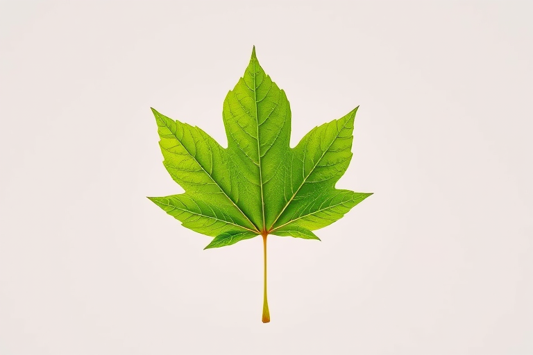 Generate a high-resolution image of a green maple leaf on a plain background using a DSLR camera with a 50mm lens, aperture set to f/2.8, ISO 100, shot in macro style, focusing on fine details and textures of the leaf.