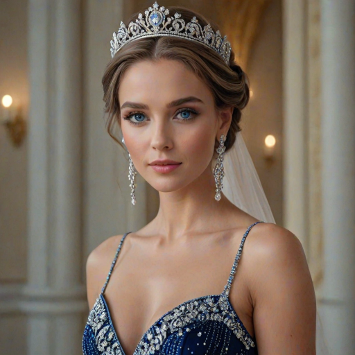 A gorgeous woman in a luxurious blue gown, accessorized with a dazzling tiara and statement earrings, her deep blue eyes highlighted by impeccable makeup, poised in a royal setting, photorealistic, 8K quality