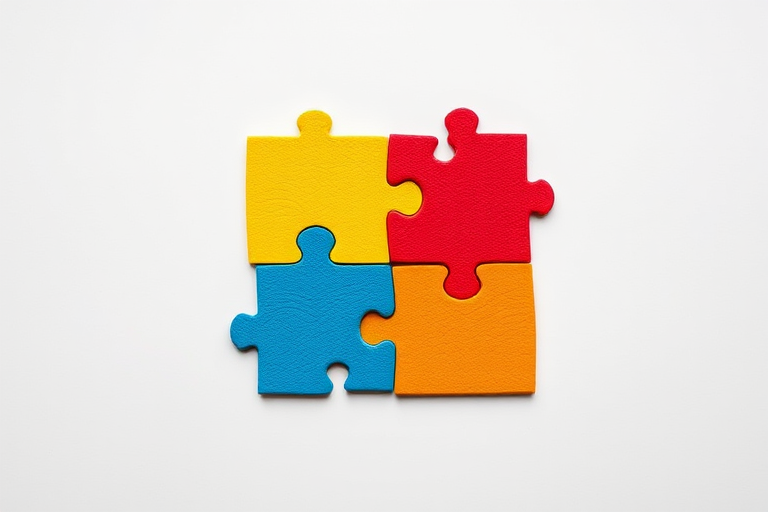 Create an image of four colorful puzzle pieces (red, yellow, green, blue) arranged together with a clean white background, captured with a Canon EOS R5 at f/8, ISO 100, 50mm lens, top-down view, soft lighting for subtle shadows.