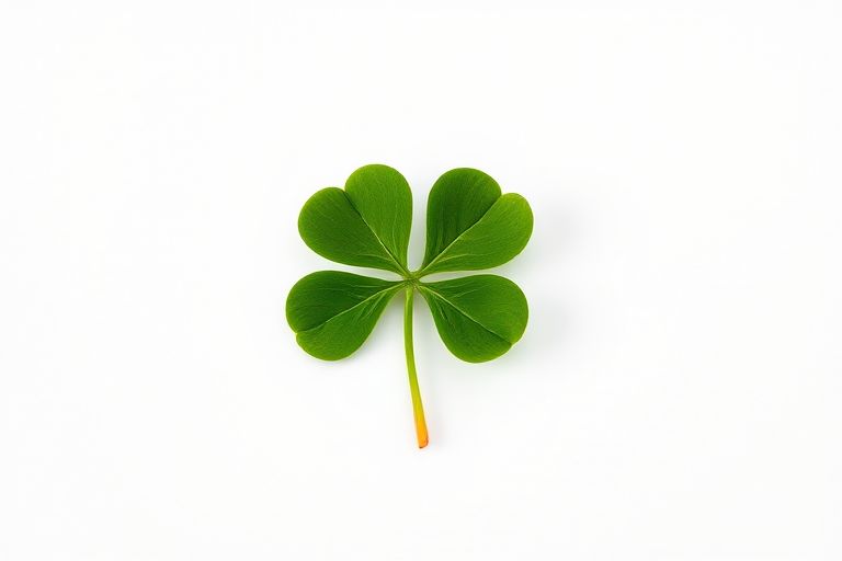 create a high-resolution image of a four-leaf clover on a solid white background, camera settings: f/2.8 aperture, ISO 100, 1/200 sec shutter speed, camera view: close-up, camera style: macro photography, camera type: DSLR