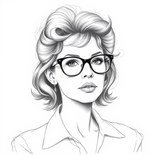 Beautiful Sigourney Weaver, pencil sketch, portrait of beautiful woman 60s in glasses, hair style beatnik, outline, clear lines, fine lines, 8k