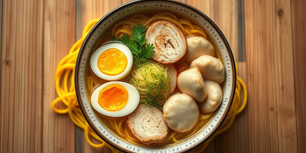 Regenerate an image of a bowl of ramen with three soft-boiled eggs, two slices of chicken, and dumplings on a bed of yellow noodles, using a DSLR camera with a 50mm lens at f/1.8, ISO 100, 1/200 sec, top-down view, in high-resolution digital illustration style.