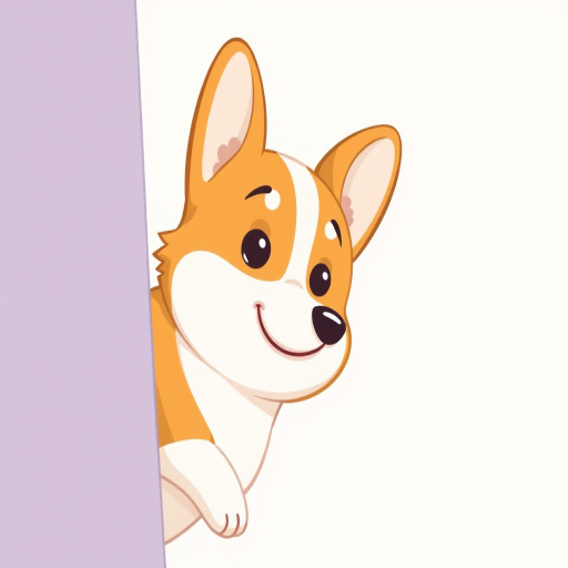 illustration of a cartoon Corgi peeking from the side, minimalistic background, soft pastel colors, high detail, digital art style, camera settings: ISO 100, aperture f/2.8, shutter speed 1/60s, viewed from a 45-degree angle, using a digital drawing tablet
