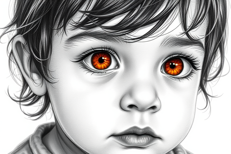 A hyperdetailed photorealistic black and white sketch of a beautiful toddler with deep orange eyes, with a macro focus