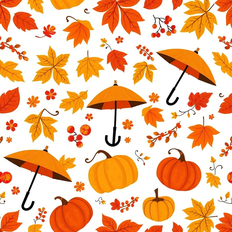 Create a seamless pattern design featuring stylized autumn leaves, umbrellas, berries, and pumpkins on a white background with warm earthy tones using a high-resolution digital illustration style photographed with a Canon EOS 5D Mark IV at f/8, ISO 200, 50mm lens in soft natural light.