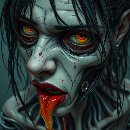 (perspective) of A creepy (ethnicity) zombie cyborg with (descriptive color) skin, (color) lipstick (color) liquid flowing from her eyes and mouth, (perspective two) portrait, (camera angle), extremely detailed, (art style) in the style of Yoshitaka Amano and Tetsuo Hara. --ar 85:128 --style raw --niji 6