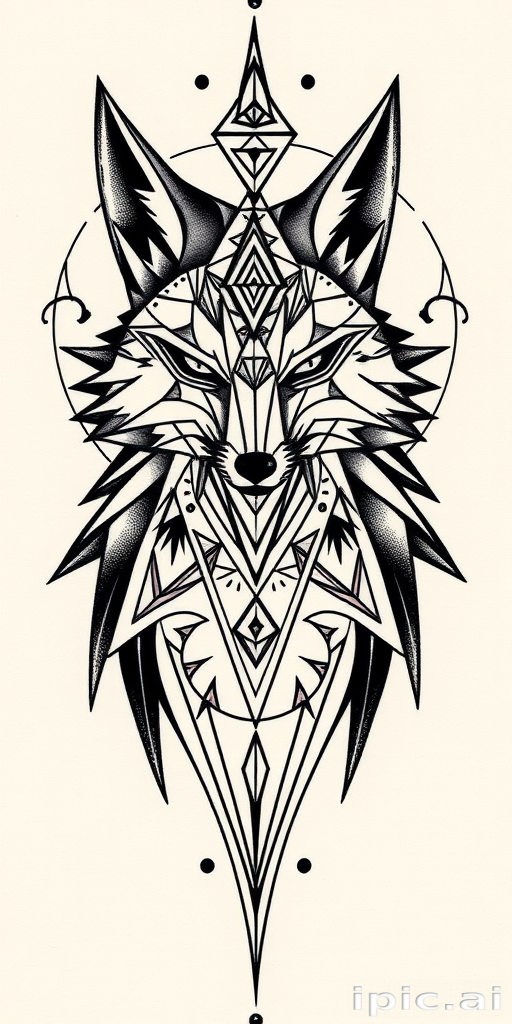 Geometric animal tattoo dubbed "Sacred Fox" combining sharp angular lines and shapes to form a stylized representation of a fox infused with spiritual and mystical symbolism