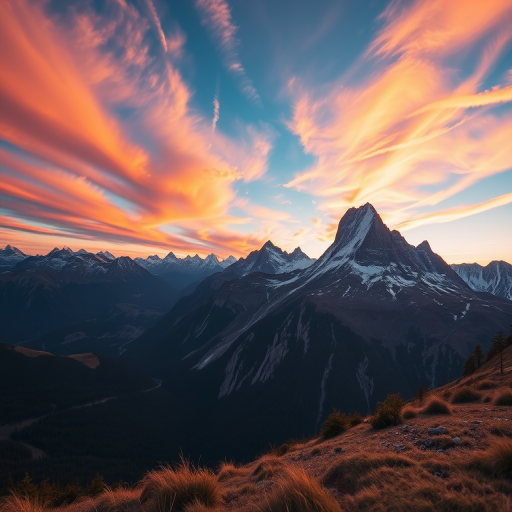 Create a high-resolution image of a serene mountain landscape at sunrise, using a DSLR camera with a 24mm lens, aperture f/11, shutter speed 1/125 sec, ISO 100, and shoot from a low angle to capture foreground detail and vibrant colors in the sky.