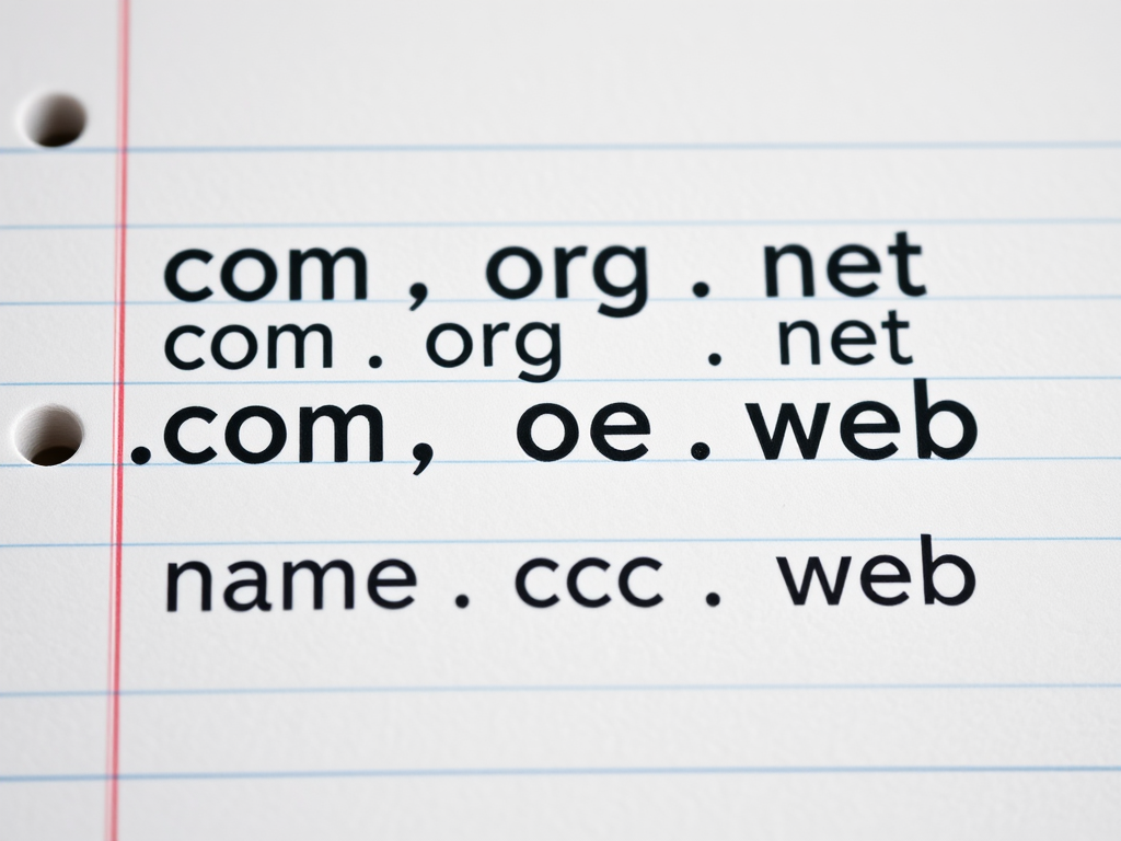 Create an image featuring various domain extensions like .com, .org, .net, .biz, .me, .name, .cc, and .web on a textured lined notebook background, use a DSLR camera with a 50mm lens at f/1.8, ISO 100, and a shallow depth of field for enhanced clarity and focus on the text.