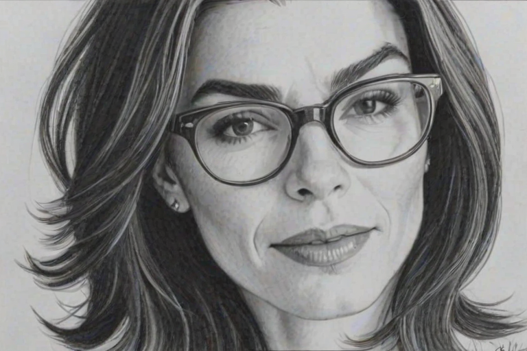 Sublime Julianna Margulies, pencil sketch, portrait of Superb woman 1967s in glasses, hair style beatnik, outline, clear lines, fine lines, 8k