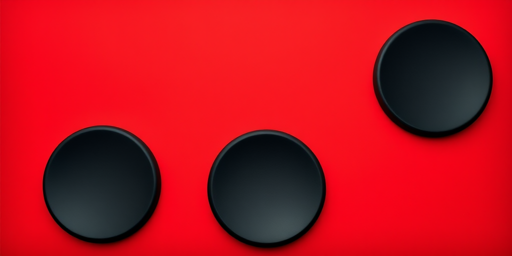 Create a vibrant image of a red square with three black circles arranged vertically, using a DSLR camera with a 50mm lens, aperture set to f/1.8, ISO 100, and a shallow depth of field, shot from a straight-on perspective focused on the circles.