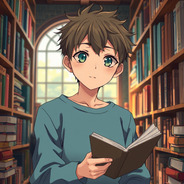 anime boy in a cozy library surrounded by books, soft natural lighting, f/2.8 aperture, 50mm lens, DSLR camera, shallow depth of field, warm color palette, high detail