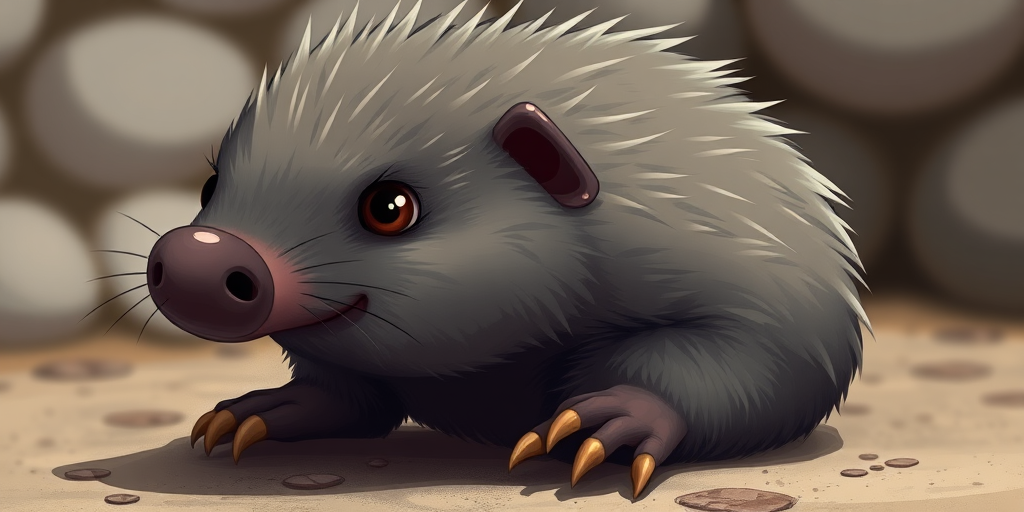 Create a detailed illustration of a cartoonish mole with a fluffy gray body, prominent claws, and a small eye, captured in digital art style at a close-up angle, using a high-resolution format, with a focal length of 50mm, aperture set to f/4 for a soft background blur, emphasizing color vibrancy and clean lines.