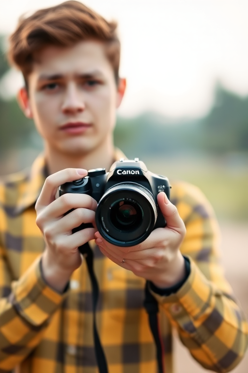 young man in a yellow checkered shirt holding a camera with a lens, natural outdoor setting, soft focus background, aperture f/2.8, shutter speed 1/200s, ISO 100, portrait orientation, DSLR camera, shallow depth of field