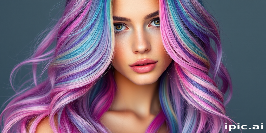 Captivating woman with a bold rainbow-colored mermaid hairstyle, featuring long cascading waves in a mesmerizing blend of pastel hues and iridescent highlights