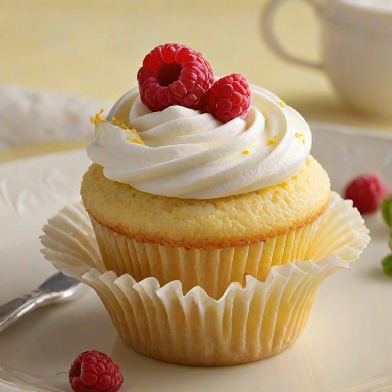 Create an image of a delicious cupcake with a raspberry on top, decorated with whipped cream and lemon zest. The cupcake should have a moist yellow cake base and a visible filling of raspberry and creamy vanilla custard. The setting should be bright and inviting, emphasizing the freshness and sweetness of the dessert.