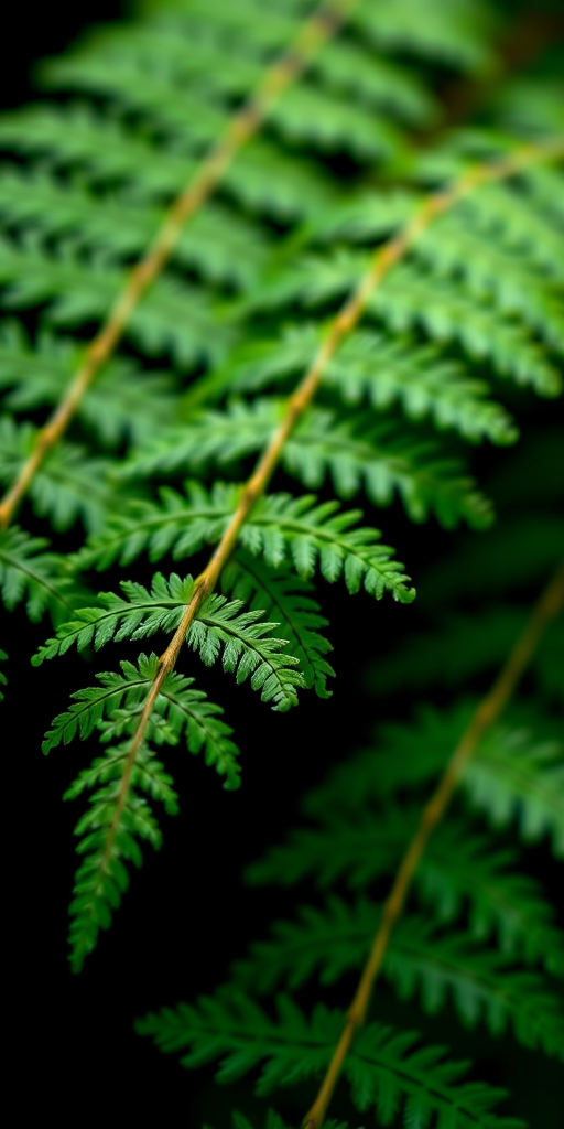 capture a close-up of delicate fern leaves against a black background using a macro lens, aperture f/2.8, shutter speed 1/200s, ISO 100, natural light, DSLR camera