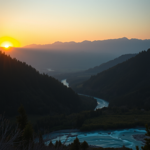 Create a high-resolution image of a serene landscape featuring a sunset over mountains with a river in the foreground, shot with a DSLR camera, 50mm lens, aperture f/8, ISO 100, using a wide shot, vibrant colors, and enhanced clarity.