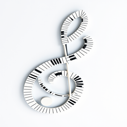 Create an intricate illustration of a treble clef designed with piano keys incorporated into its curves, high resolution, captured with a DSLR camera at f/2.8, ISO 200, 50mm lens, top-down view, natural lighting.