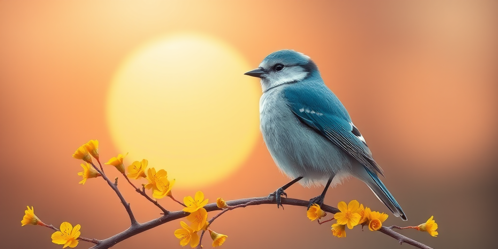 Create a digital illustration of a blue and white bird perched on a branch with yellow flowers, with a soft gradient background mimicking a sunrise, using a 50mm lens, f/2.8 aperture, capturing a shallow depth of field, in a bright and colorful vector art style.