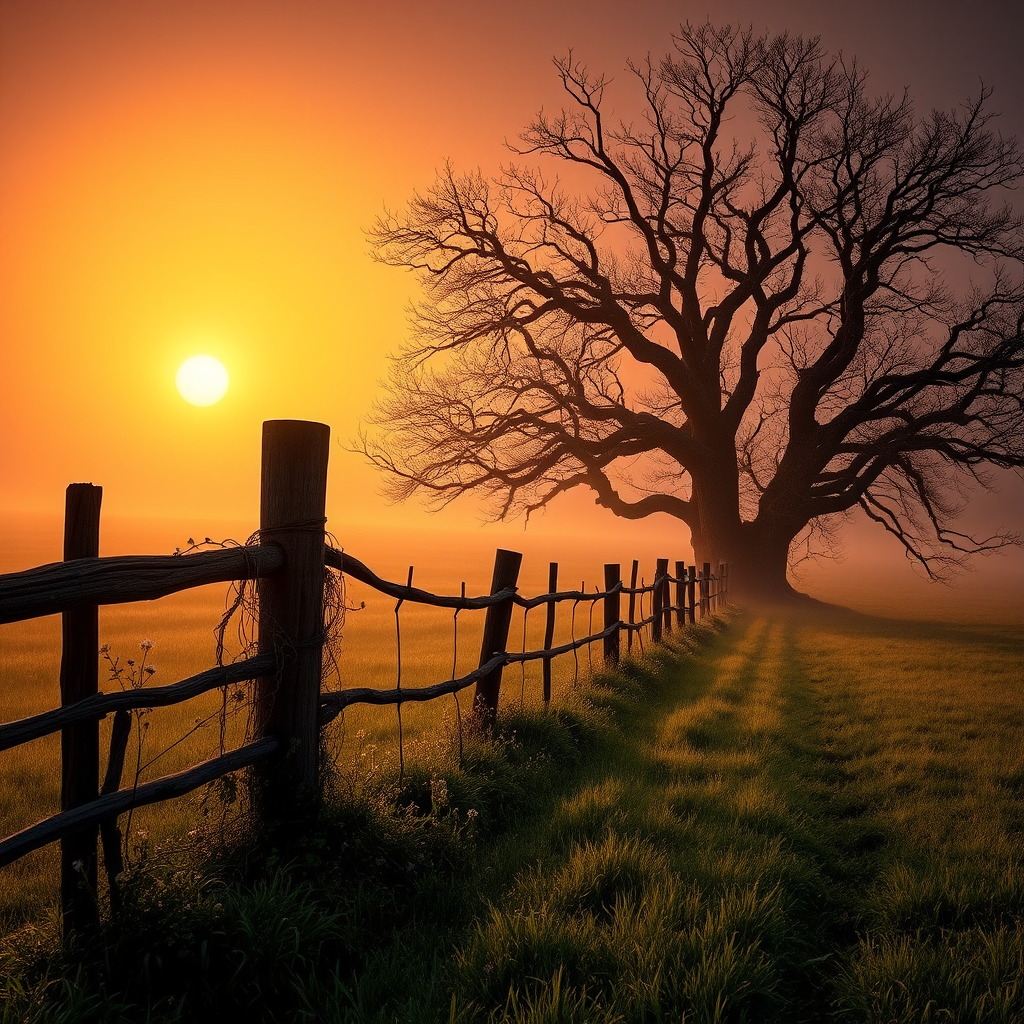 A serene countryside landscape at dawn, with a misty orange glow filling the air. The sun rises behind a large twisted and gnarled bare tree, casting a warm light over the scene. A rustic wooden fence, weathered and overgrown with vines and delicate wildflowers along the fence line, stretches into the distance, dividing a grassy field that fades into the fog. The grass is dew-kissed and shimmering, and there's a touch of mist rising from the ground. The sky gradually fades into darker shades as it reaches higher, enhancing the peaceful, dreamlike dark fantasy atmosphere