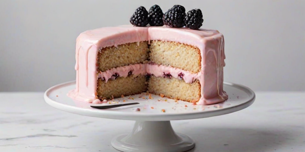 Generate an image of a slice of cake with a light pink icing dripping down the sides. The cake should have a moist texture and contain blackberries both in the icing and within the cake itself. The background should be minimalistic, emphasizing the cake on a white plate.