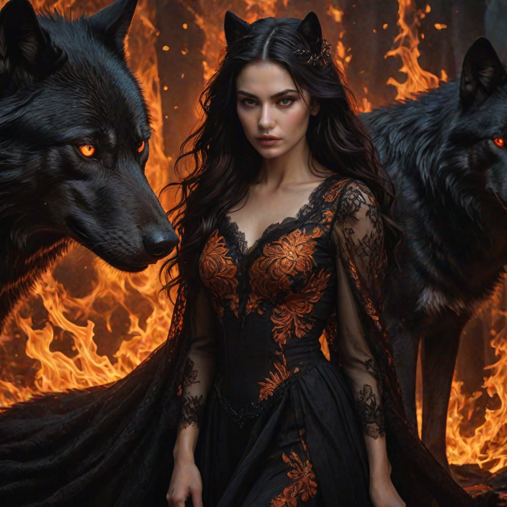 A woman with long dark hair, wearing a black lace dress that seamlessly blends into her skin with intricate floral patterns. She is in the foreground, with a black wolf beside her; its fur is midnight black, and it has glowing, intense, orange eyes that match hers. Her eyes are partially closed with burning embers above them, giving a fiery and mystical aura. The background is engulfed in tall, roaring flames, contributing to an overall dark and supernatural atmosphere. The colors are intense, predominantly black, fiery orange, and deep reds, with sharp contrast highlighting the mysterious and fierce theme. The flames are bright and dynamic, casting dramatic light and shadow, illuminating the woman and wolf while leaving parts in near darkness. The image evokes a sense of otherworldly power and connection between the woman and the wolf.