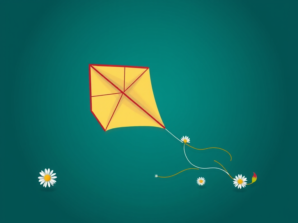 Create a vibrant illustration of a kite with a dark teal background, featuring white daisies, using a DSLR camera with a 50mm lens, aperture f/2.8, ISO 100, and shoot from a slightly elevated angle to enhance clarity and detail.