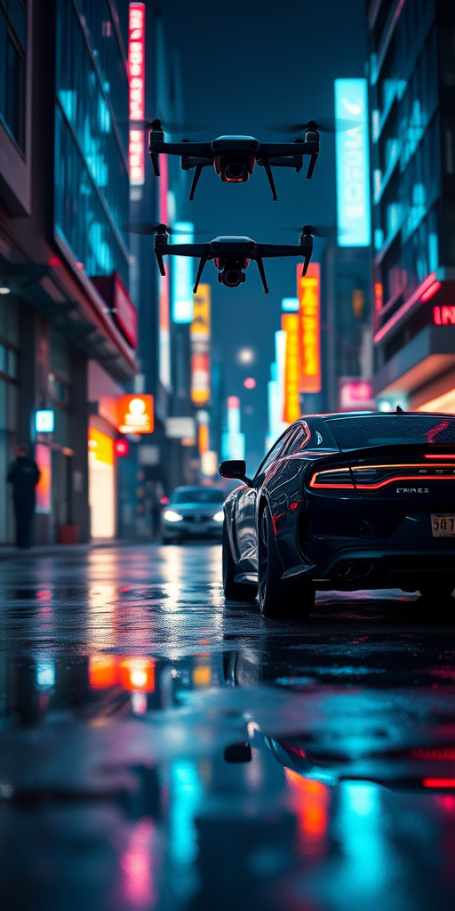 futuristic city street at night with a sleek black car and a hovering drone above, vibrant neon lights reflecting on wet pavement, cinematic lighting, camera settings: f/1.8, ISO 200, shutter speed 1/100, camera view: low angle, camera style: hyper-realistic, camera type: DSLR