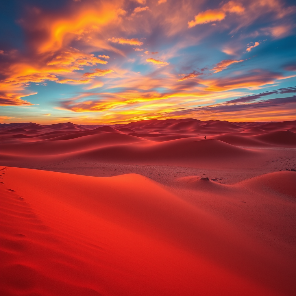 Create an image of a vibrant desert landscape at sunset with colorful sand dunes, wide-angle view, DSLR camera, 24mm lens, f/11 aperture, ISO 100, shot in HDR for enhanced clarity and depth.