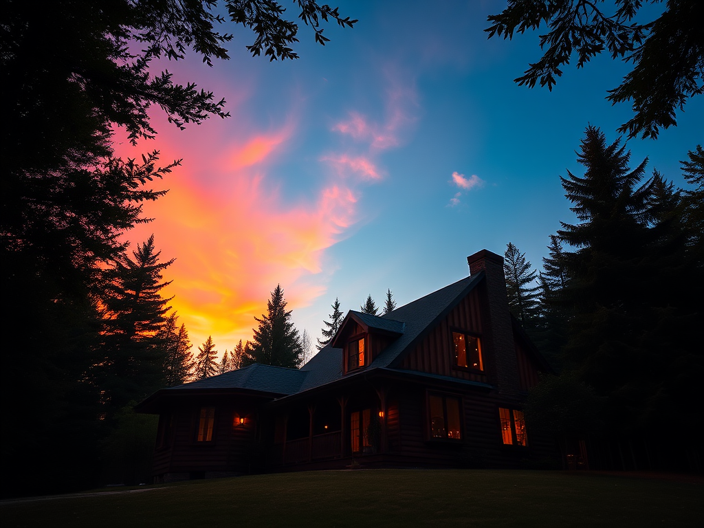 A cozy wooden house at sunset surrounded by lush trees and a vibrant sky, captured with a DSLR camera, 24mm lens, f/2.8 aperture, ISO 200, 1/60 second shutter speed, in a low-angle view for dramatic effect.