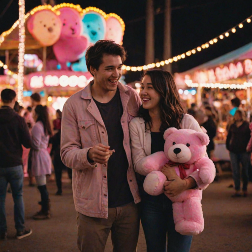 Blurry, dimly lit photo, outdoor carnival scene, young couple standing close, she's holding a large stuffed bear, he's mid-laugh, string lights from carnival rides twinkling behind them, cotton candy vendor in the distance, soft neon glow from the rides casting a pink hue over them, people milling around in the background.