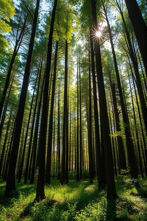 create a dense forest scene with tall, straight tree trunks, dappled sunlight filtering through the leaves, vibrant green foliage, and a soft undergrowth, captured with a Canon EOS R5, 50mm lens, aperture f/2.8, ISO 100, 1/200 sec, using a wide-angle perspective at eye level.