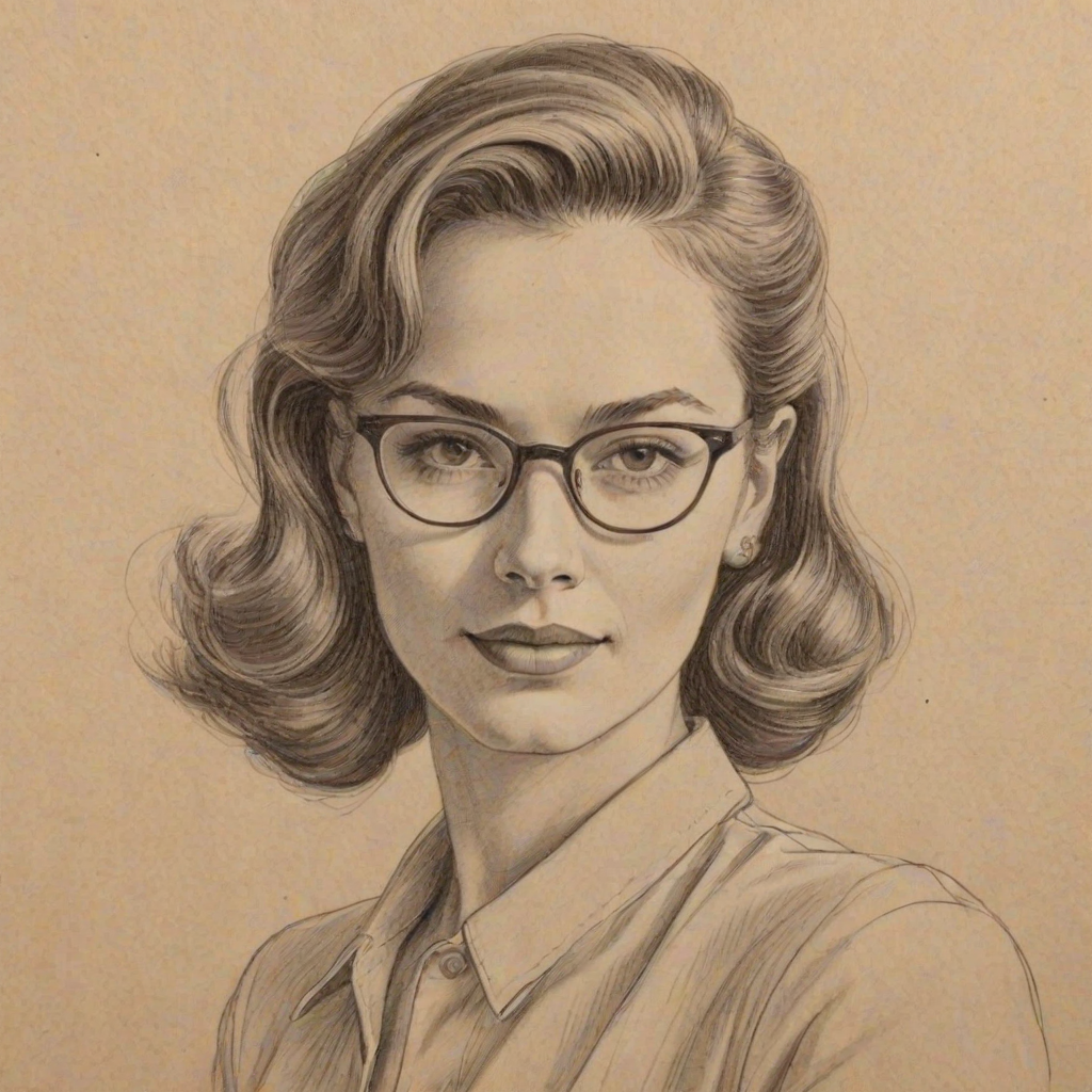 Enchanting Kat Foster, pencil sketch, portrait of Lovely woman 1944s in glasses, hair style beatnik, outline, clear lines, fine lines, 8k
