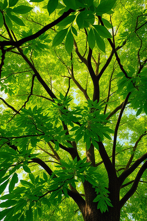 Create a vibrant and detailed illustration of a lush green tree with dense foliage, captured from a low angle viewpoint using a DSLR camera at f/4, ISO 100, and a shutter speed of 1/250 seconds for enhanced clarity and depth.