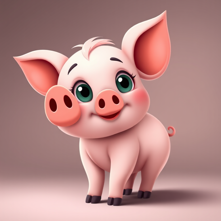 Create a cute cartoon pig standing sideways with a friendly expression and large eyes, vibrant colors, high detail, studio lighting, 50mm lens, f/2.8 aperture, ISO 100, soft focus background, digital illustration style.