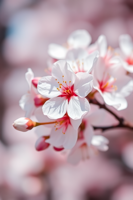 macro view of cherry blossoms on a branch with soft focus background, aperture f/2.8, shutter speed 1/100s, ISO 200, using a DSLR camera with a 60mm macro lens, natural light for enhanced color saturation and detail