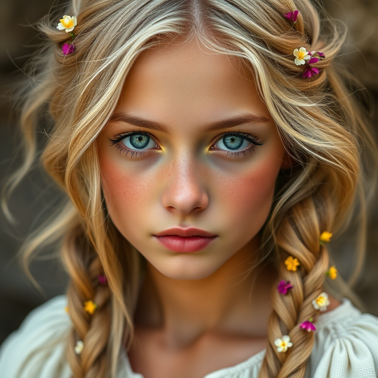 Create an image of a young Guarani woman with long, wavy blonde hair, adorned with small, colorful flowers woven into her braids and loose strands. Her complexion is fair, with soft, glowing skin, and she has light blue eyes that gaze softly at the viewer. She wears a light, flowing dress with a gentle, ethereal quality, complementing her delicate and serene appearance. The background is slightly blurred, drawing focus to her tranquil expression and the intricate details of the flowers in her hair. The overall mood of the image is one of natural beauty and grace, evoking a sense of peacefulness and connection with nature.