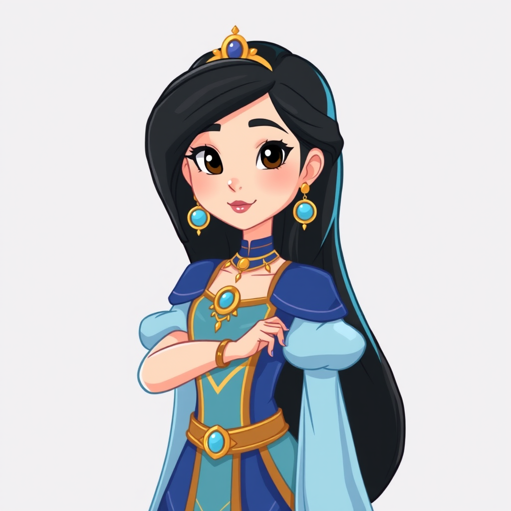 Create an illustration of an animated princess with long dark hair, wearing a detailed flowing blue outfit and gold accessories. She stands confidently, exuding charm and grace.