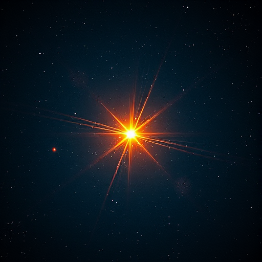 Create a vibrant cosmic scene with a glowing orange star at the center, surrounded by a dark starry background, captured using a DSLR camera at f/2.8 aperture, ISO 200, 24mm wide-angle lens, and a long exposure of 10 seconds to enhance the brightness and clarity.